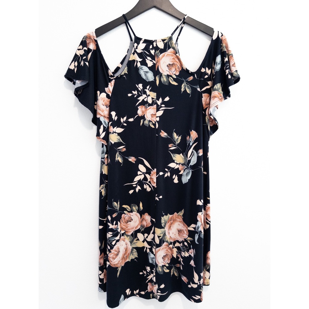 First Love Cold Shoulder Floral Dress Womens M Black Whimsigoth Summer Romantic